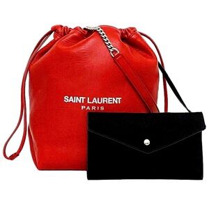 SAINT LAURENT Lambskin Teddy Bucket Bag in Red